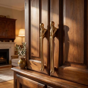 Peut inclure: Deux poignées de placard verticales en laiton en forme de silhouettes humaines stylisées aux jambes allongées et aux bras reposant près du visage. Les poignées dorées métalliques sont fixées sur une armoire en bois brun foncé.
