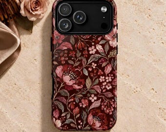 Cottagecore Phone Case, Brown and Pink Retro Vintage Floral Pattern, Gift for Gardener, MagSafe iPhone 18 17 16 15 Samsung Galaxy Pixel