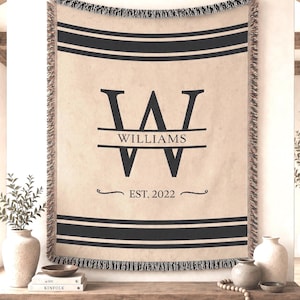 May include: A woven throw blanket in a light beige colour featuring black horizontal stripes at the top and bottom. The centre displays a large black letter W with the name WILLIAMS printed across it and the text EST. 2022 underneath.