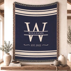 May include: A navy blue woven throw blanket featuring a large cream-coloured letter W with the name WILLIAMS centred across it and the text EST. 2022 below. The blanket has cream horizontal stripes at the top and bottom and a fringed edge.