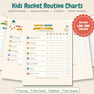 May include: A set of Kids Rocket Routine Charts featuring a Morning Mission schedule with tasks like wake up, get dressed, eat breakfast, brush teeth, brush hair, pack backpack, shoes on, and blast off to school, with circles for daily tracking.