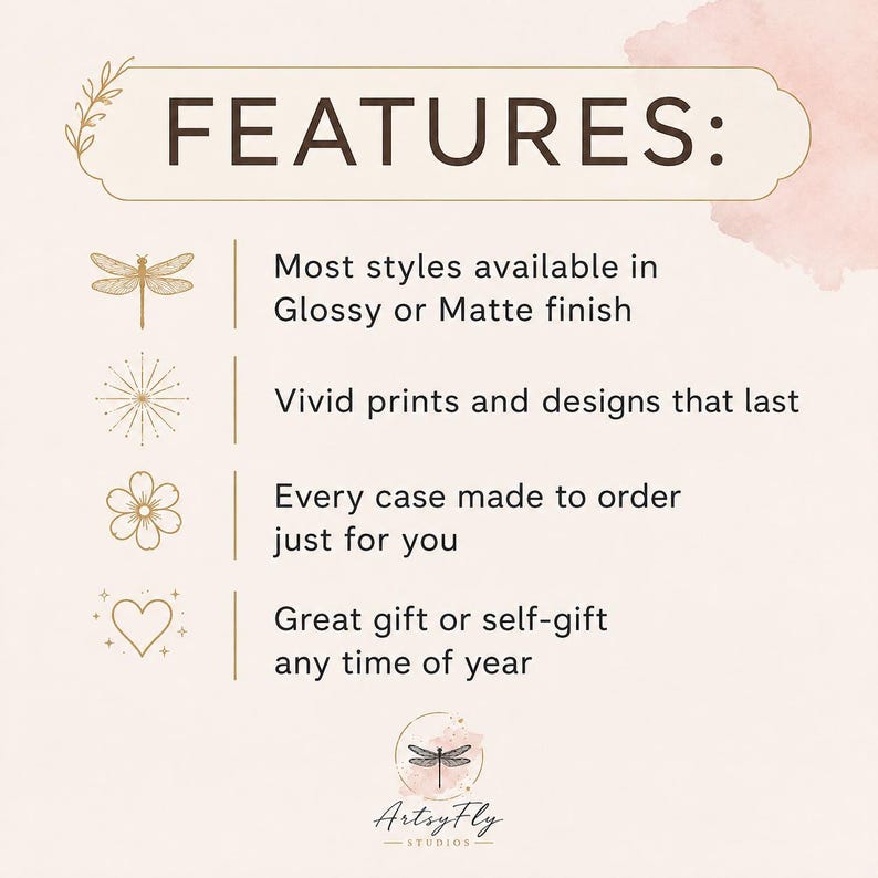 May include: A light pink informational graphic with the heading FEATURES: in dark brown text. It lists four points: Most styles available in Glossy or Matte finish, Vivid prints and designs that last, Every case made to order just for you, and Great gift or self-gift any time of year. Icons include a dragonfly, starburst, flower, and heart. The bottom features a logo with a dragonfly and the text ArtsyFly STUDIOS.