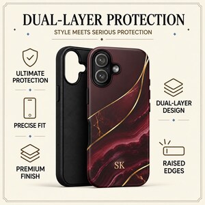 May include: A dual-layer phone case featuring a deep burgundy and black marble pattern with gold vein accents and the initials SK in gold. The text DUAL-LAYER PROTECTION, ULTIMATE PROTECTION, PRECISE FIT, PREMIUM FINISH, and RAISED EDGES are visible.