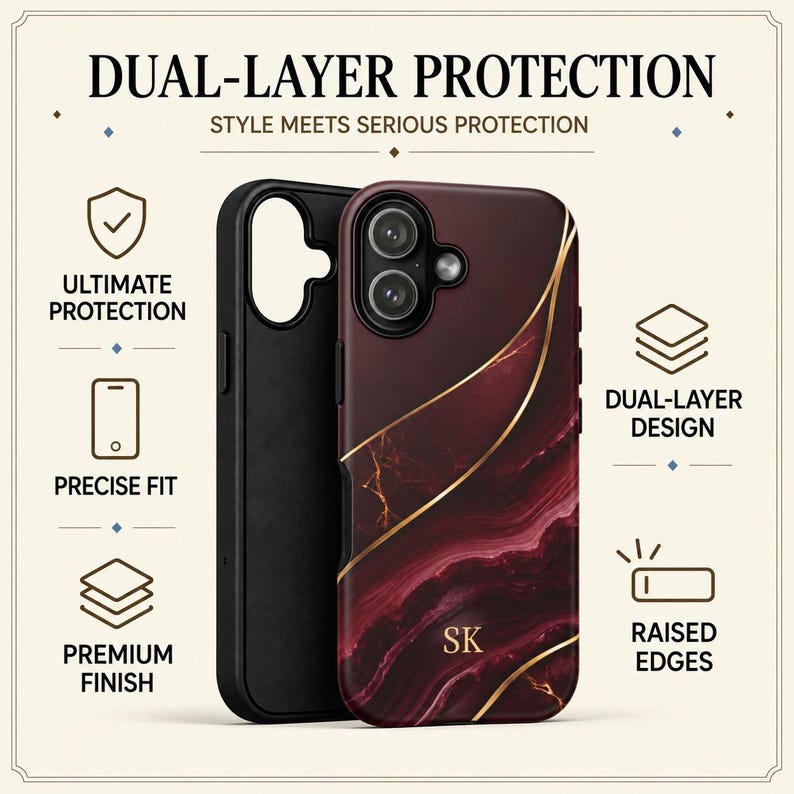 May include: A dual-layer phone case featuring a deep burgundy and black marble pattern with gold vein accents and the initials SK in gold. The text DUAL-LAYER PROTECTION, ULTIMATE PROTECTION, PRECISE FIT, PREMIUM FINISH, and RAISED EDGES are visible.
