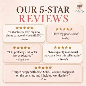 K&ouml;nnte beinhalten: Eine grafische Darstellung mit dem Titel OUR 5-STAR REVIEWS und dem ArtsyFly Studios Logo. Sie enth&auml;lt f&uuml;nf rechteckige K&auml;sten, die jeweils f&uuml;nf goldene Sterne und Kundenbewertungen von Grace, Lindsey, Etsy Buyer, Danielle und Erica zeigen.