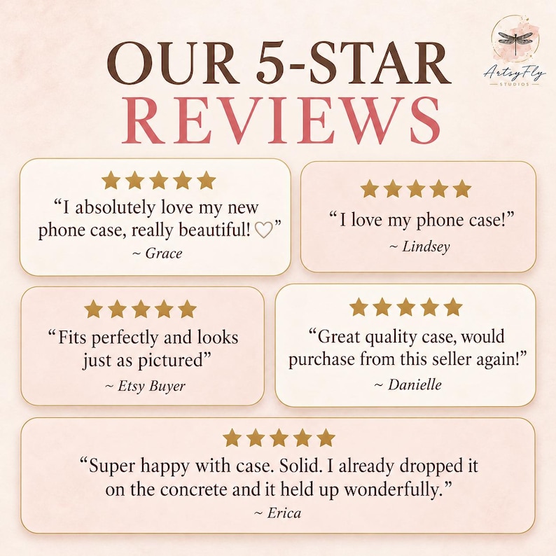 K&ouml;nnte beinhalten: Eine grafische Darstellung mit dem Titel OUR 5-STAR REVIEWS und dem ArtsyFly Studios Logo. Sie enth&auml;lt f&uuml;nf rechteckige K&auml;sten, die jeweils f&uuml;nf goldene Sterne und Kundenbewertungen von Grace, Lindsey, Etsy Buyer, Danielle und Erica zeigen.