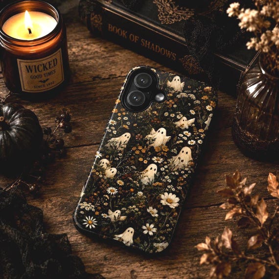 Ghost Phone Case, Halloween Cottagecore Wildflowers, Botanical Floral Gift for Her, MagSafe iPhone 18 Pro 17 16 15 Samsung Galaxy Pixel