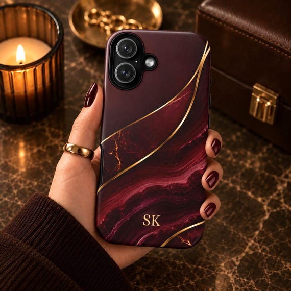 Personalized Burgundy Marble Phone Case, Faux 3D Agate Gold Luxe Geode, Custom Monogram Initials MagSafe iPhone 18 17 16 15 Samsung Pixel
