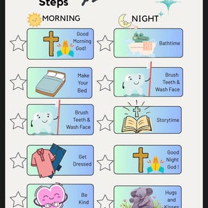 Könnte beinhalten: Ein Tagesablauf-Diagramm mit dem Titel Faithful Little Steps mit Morgen- und Abendabschnitten. Es enthält Symbole für Aufgaben wie Bettenmachen, Zähneputzen, Anziehen und Beten, jeweils gepaart mit einem Stern zur Fortschrittskontrolle.