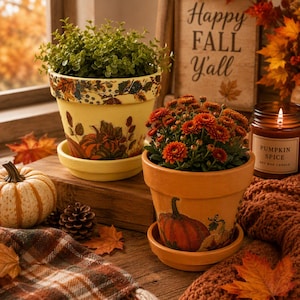 May include: A yellow terracotta pot with a green plant and a pumpkin print, and an orange terracotta pot with orange chrysanthemums and a pumpkin print. Both pots have matching saucers and are decorated with autumn-themed botanical motifs.