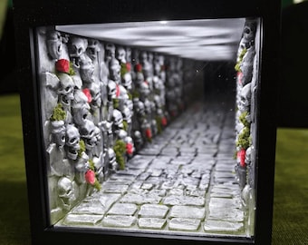 Gothic Skull Corridor Miniature Light Box, Infinity Mirror Halloween Desk Decor, Haunted Tunnel Liminal Space Diorama, Gift for Horror Fans