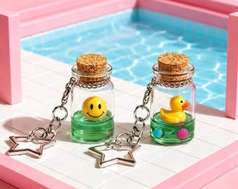 Poolcore Miniature Glass Bottle Keychain, Tiny Liminal Space Duck/Smile face Charm, Handmade Retro Wishing Bottle Resin Pool w/ Star Chain