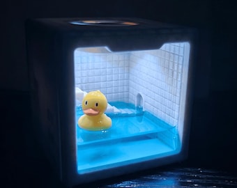 Miniature Rubber Duck Terrarium Cube, Tiny Liminal Poolroom Diorama, Duckie Night Light Desk Decor