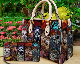 Horror Halloween Leather Handbag & Wallet, Horror Leather Bag, Shoulder Bag, Crossbody Bag, Halloween Bag, Gift For Mom, Halloween Gift.