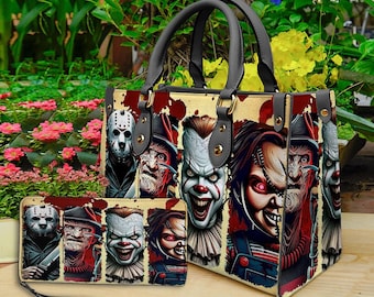 Horror Halloween Leather Handbag & Wallet, Horror Leather Bag, Shoulder Bag, Crossbody Bag, Halloween Bag, Gift For Mom, Halloween Gift.