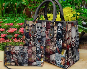 Horror Halloween Leather Handbag & Wallet, Horror Leather Bag, Shoulder Bag, Crossbody Bag, Halloween Bag, Gift For Mom, Halloween Gift.