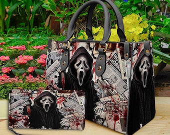 Ghost Halloween Leather Handbag & Wallet, Horror Leather Bag, Shoulder Bag, Crossbody Bag, Halloween Bag, Gift For Mom, Halloween Gift.