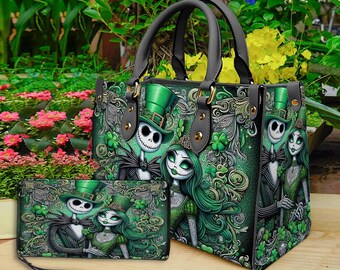 Jack and Sally Nightmare Before Christmas Leather Handbag,Skellington Lover's Handbag,Skellington Wallet,Custom Leather Bag,Personalized Ba