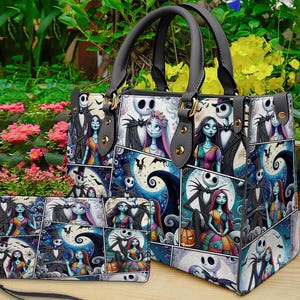 Jack und Sally Alptraum vor Weihnachten Lederhandtasche, Skellington Lover Handtasche, Skellington Brieftasche, benutzerdefinierte Ledertasche, personalisierte Ba Bild 1