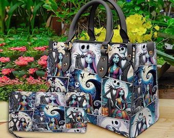 Jack and Sally Nightmare Before Christmas Leather Handbag,Skellington Lover's Handbag,Skellington Wallet,Custom Leather Bag,Personalized Ba