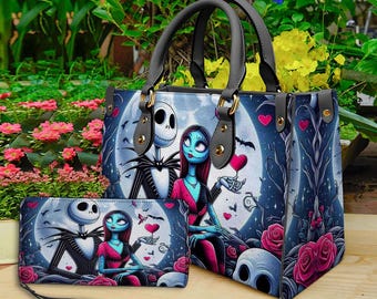 Jack and Sally Nightmare Before Christmas Leather Handbag,Skellington Lover's Handbag,Skellington Wallet,Custom Leather Bag,Personalized Ba