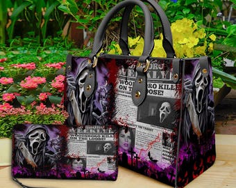 Ghost Halloween leren handtas en portemonnee, horror leren tas, schoudertas, crossbodytas, halloweentas, cadeau voor moeder, Halloweencadeau.