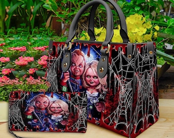 Horror halloween leren handtas en portemonnee, horror leren tas, schoudertas, crossbodytas, halloweentas, cadeau voor moeder, halloweencadeau.