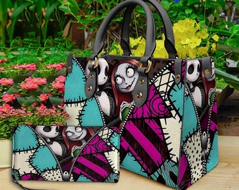 Jack and Sally Nightmare Before Christmas Leather Handbag,Skellington Lover's Handbag,Skellington Wallet,Custom Leather Bag,Personalized Ba
