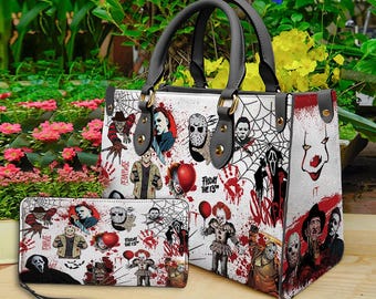 Horror Halloween Leather Handbag & Wallet, Horror Leather Bag, Shoulder Bag, Crossbody Bag, Halloween Bag, Gift For Mom, Halloween Gift.