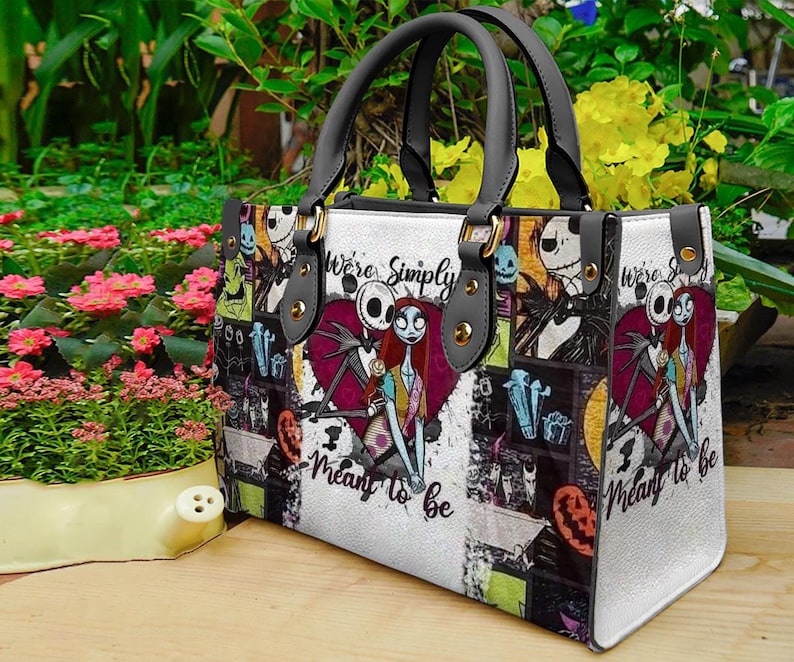 Jack and Sally Nightmare Before Christmas Leather Handbag,Skellington Lover's Handbag,Skellington Wallet,Custom Leather Bag,Personalized Ba image 3