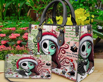 Jack and Sally Nightmare Before Christmas Leather Handbag,Skellington Lover's Handbag,Skellington Wallet,Custom Leather Bag,Personalized Ba