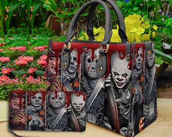 Horror halloween leren handtas en portemonnee, horror leren tas, schoudertas, crossbodytas, halloweentas, cadeau voor moeder, halloweencadeau.
