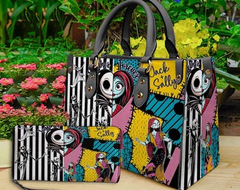 Jack and Sally Nightmare Before Christmas Leather Handbag,Skellington Lover's Handbag,Skellington Wallet,Custom Leather Bag,Personalized Ba