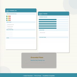 May include: A digital planner set featuring a Daily Training Log and a Weekly Review page with teal headers. The log includes sections for dog state, walk focus, and skills. A gray box displays the text Grounded Paws Reactive Dog Training Log.