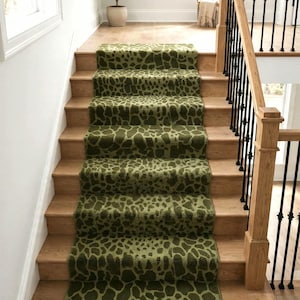 Hand Tufted Green Leopard Stair Runner Rug | Olive Animal Print Hallway Runner, Custom Size