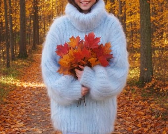 Mohair Sweater Thick Oversize Light Blue Handmade Handknitted Lanaknittings