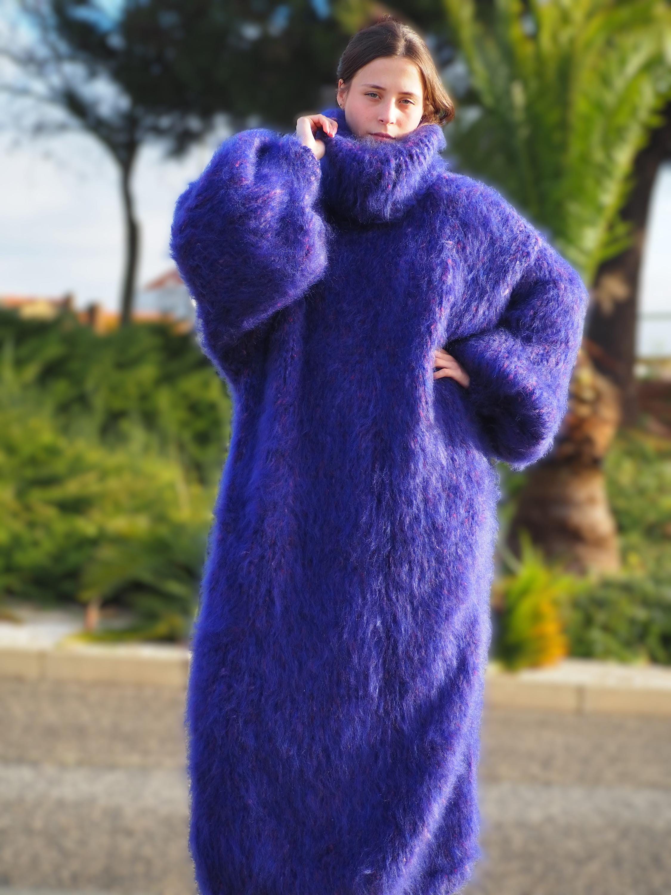 purple fuzzy dress Mohair Long Dress Thick Oversize Purple Handknitted by Lanaknittings