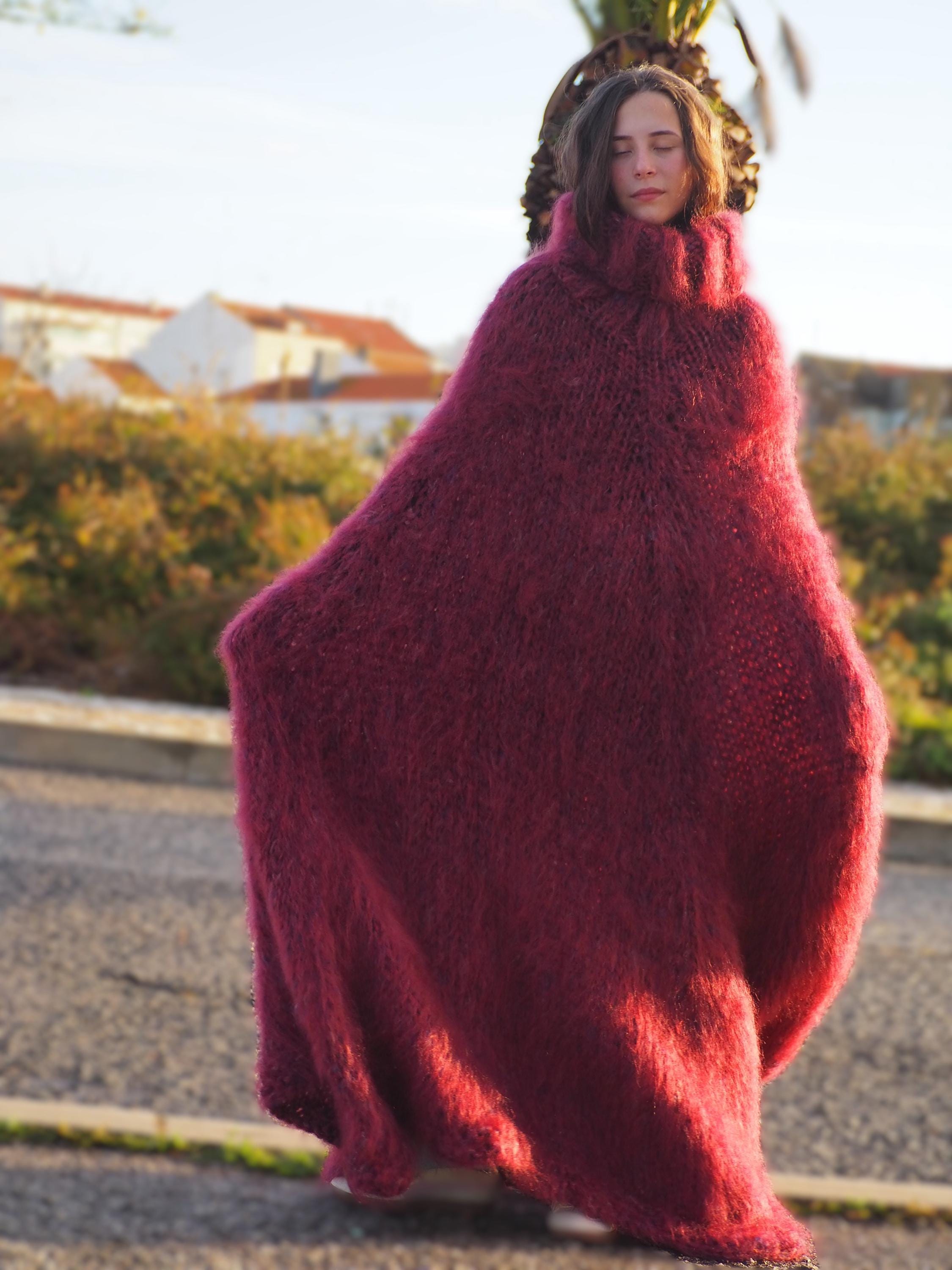 Mohair Poncho Oversize Burgundy Handknitted Handmade by
