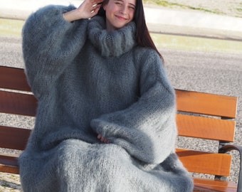 Mohair Sweater Dress Oversize Gray Turtelneck Handknitted by Lanaknittings