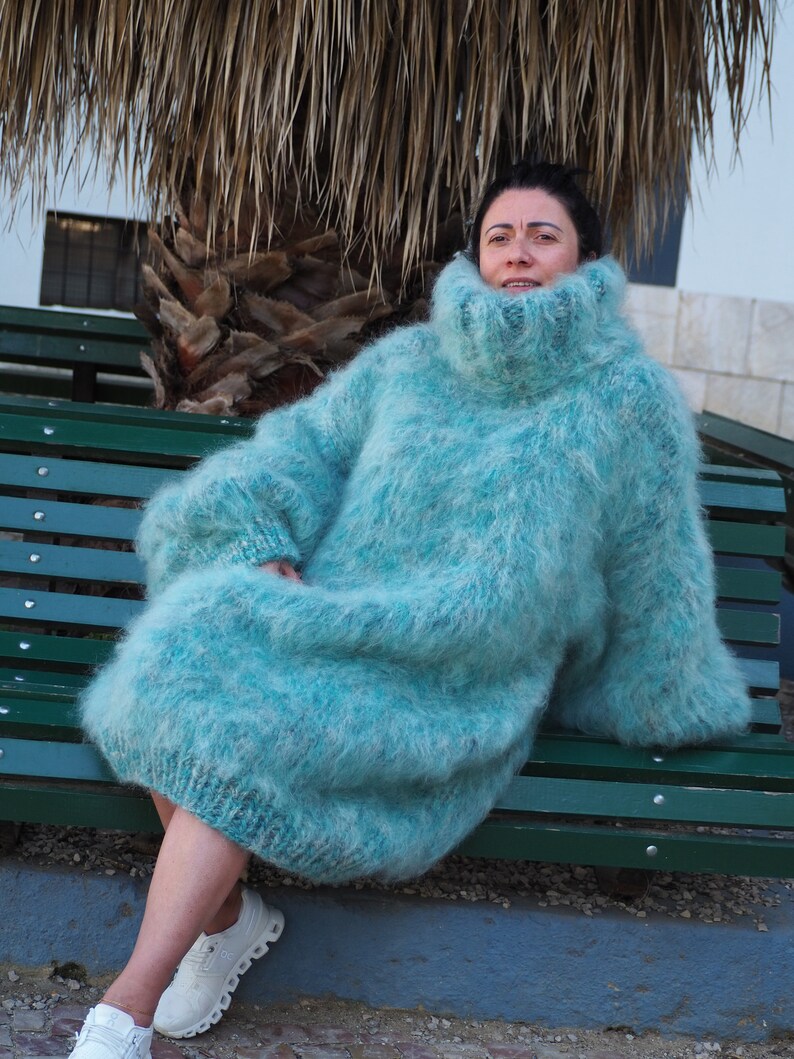 Mohair Sweater Green Extra Longhair Mohair Handknitted Big Size by