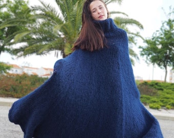 Mohair Sweater Poncho Blue  HandKnitted by LanaKnittings