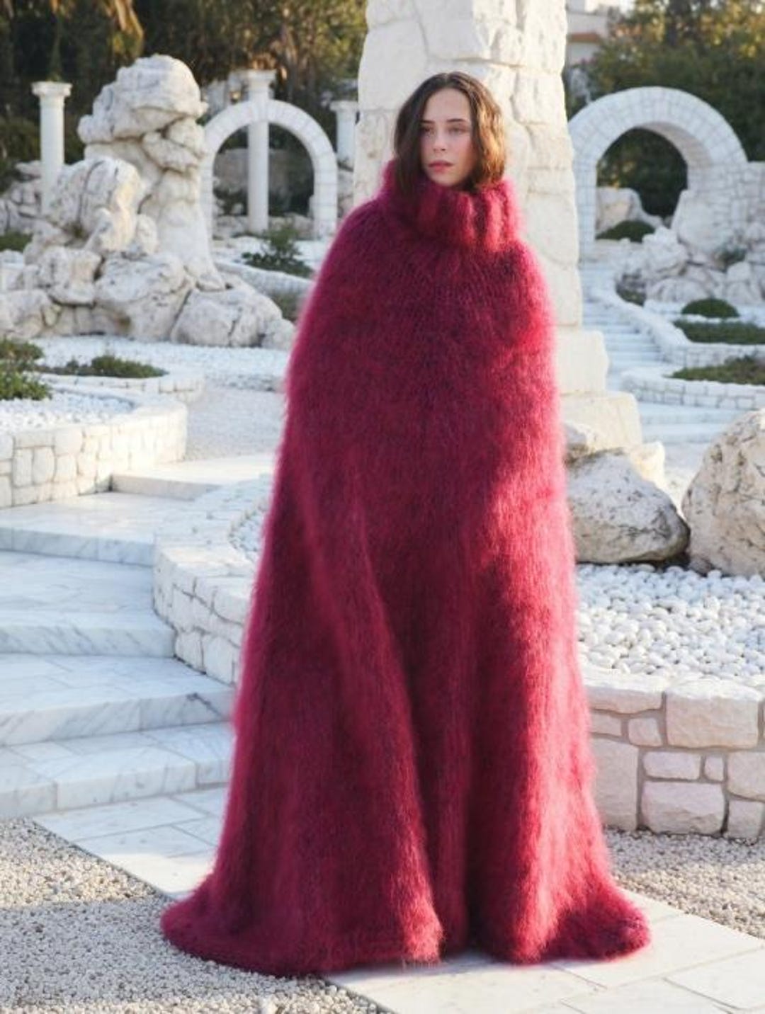 Mohair Poncho Oversize Burgundy Handknitted Handmade by