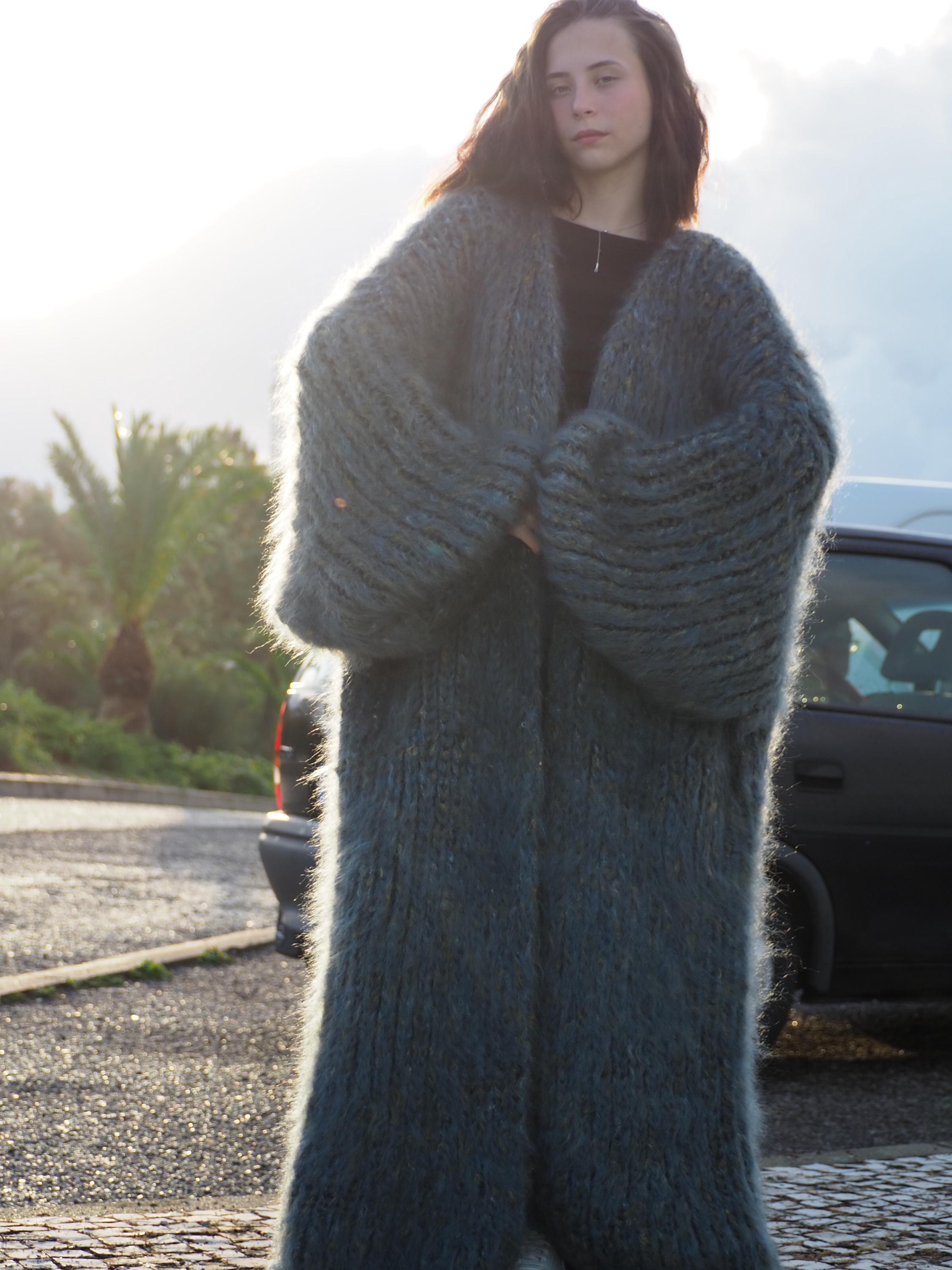 Mohair Long Coat Gray Oversize Thick Longhair Mohair Handknitted