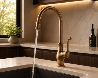 May include: A high-arc kitchen faucet with an antique brass finish, featuring a single side-mounted lever handle. The faucet is mounted on a white marble countertop and is actively dispensing a steady stream of water into a dark kitchen sink.