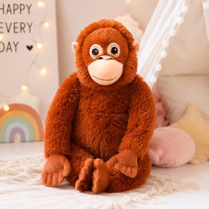 Può includere: Un peluche a forma di orangotango con pelliccia arruffata color ruggine, viso beige chiaro e grandi occhi scuri. L'animale di pezza è seduto in posizione eretta, con braccia lunghe e mani e piedi piatti color beige con cuciture visibili.