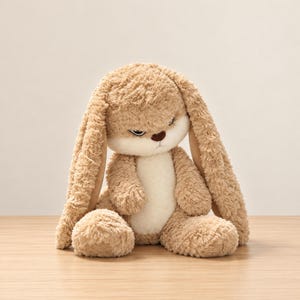 Pode incluir: Um peluche em forma de coelho com orelhas longas e caídas. O brinquedo é coberto por uma pelagem texturizada castanho-clara com barriga e focinho cor de creme, apresentando um pequeno nariz castanho e olhos estreitos e sonolentos.
