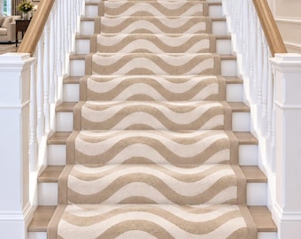 2x10 Stair Runner Rug, Hand Tufted Wool Carpet, Beige Cream Wavy Staircase Runner, Modern Hallway & Entryway Decor