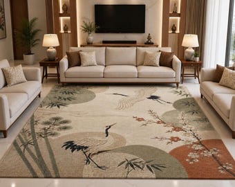 Handmade Tufted Wool Rug, Crane Floral Japandi Area Rug, Beige Sage Green Home Decor