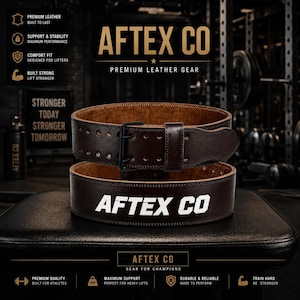 May include: A dark brown leather weightlifting belt featuring a double-prong black metal buckle and the white text AFTEX CO printed on the side. The belt has two rows of adjustment holes and a smooth finish, displayed in a gym environment.