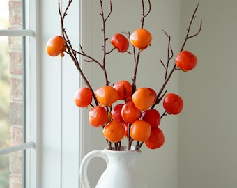 Artificial Persimmon Branches – Faux Orange and Red Fruit Stems for Fall & Winter Décor